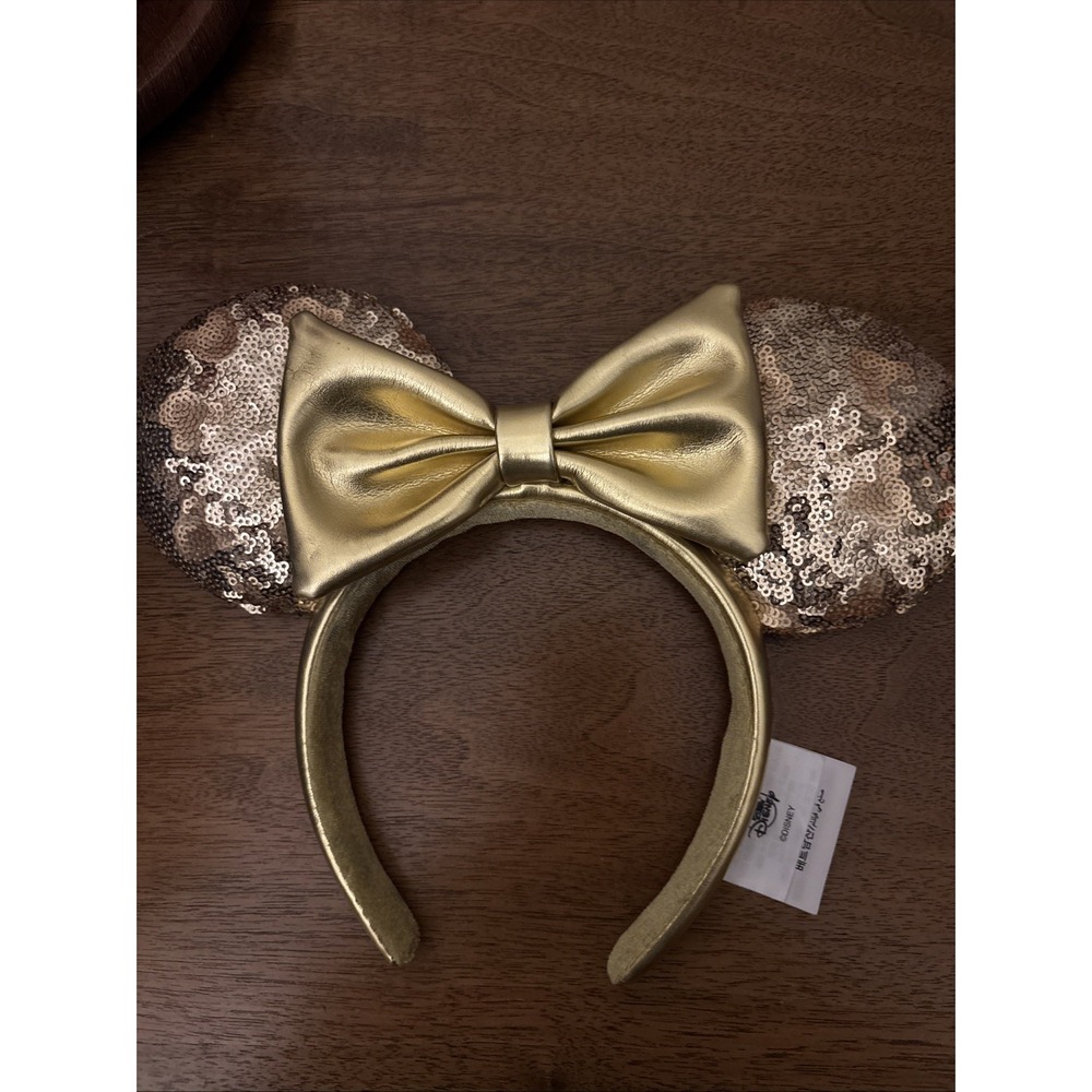 Disney Parks Minnie Mouse Hidden Mickey Gold Sequin Bow Ears Headband